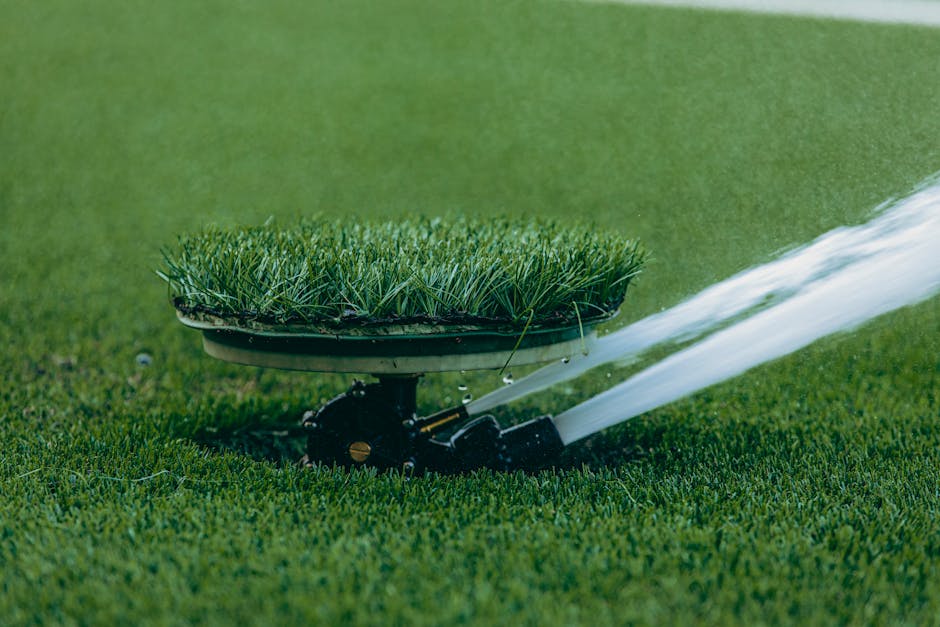 Sprinkler system watering a lush green lawn